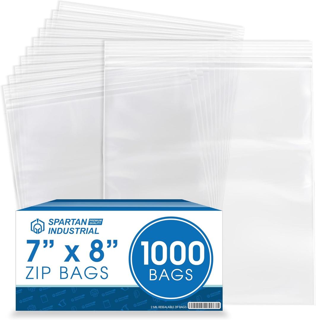 Spartan Industrial - 7 X 8 (1000 Count) 2 Mil Clear Reclosable Zip Plastic Poly Bags with Resealable Lock Seal Zipper