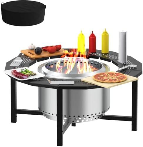 38 Inch Fire Pit Surround Tabletop for Solo Stove Bonfire/Ranger/Tiki Accessories, Smokeless Fire Pit Table & Dust Cover for Solo Stove and Other Wood Burning, Powder-Coated Steel Stove Table Surround