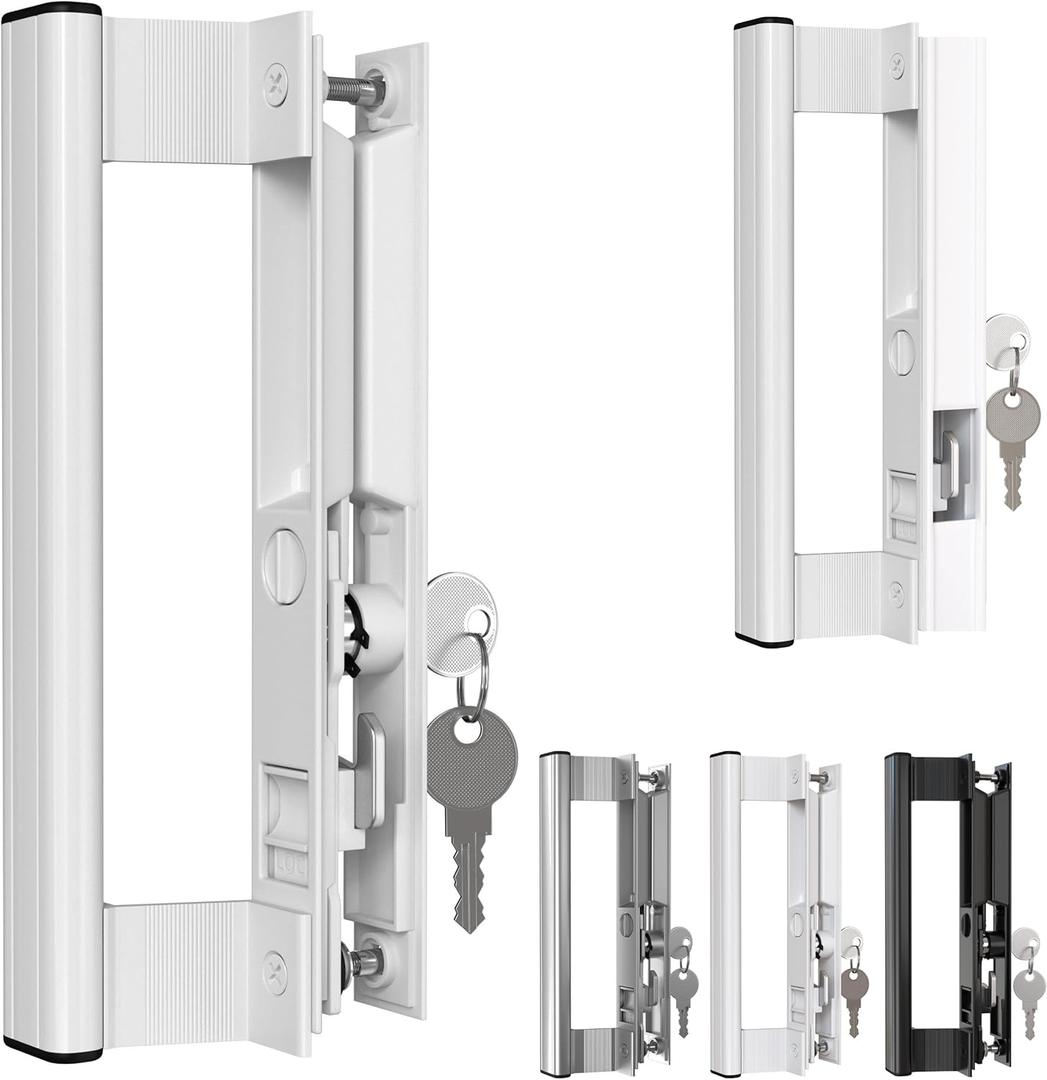 Sliding Glass Door Handle Set with Lock  Aluminum Handle, Fits 6-5/8 in. Hole Spacing (White)