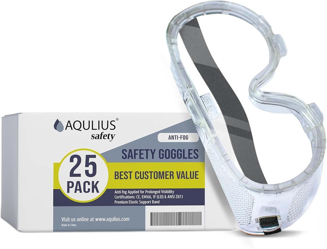 Aqulius Safety Goggles - Anti-Fog Direct-Vented Goggles - Splash-Resistant Chemical & Dust Eye Protection - Comfort-Fit Protective Eyewear - Pack of 25
