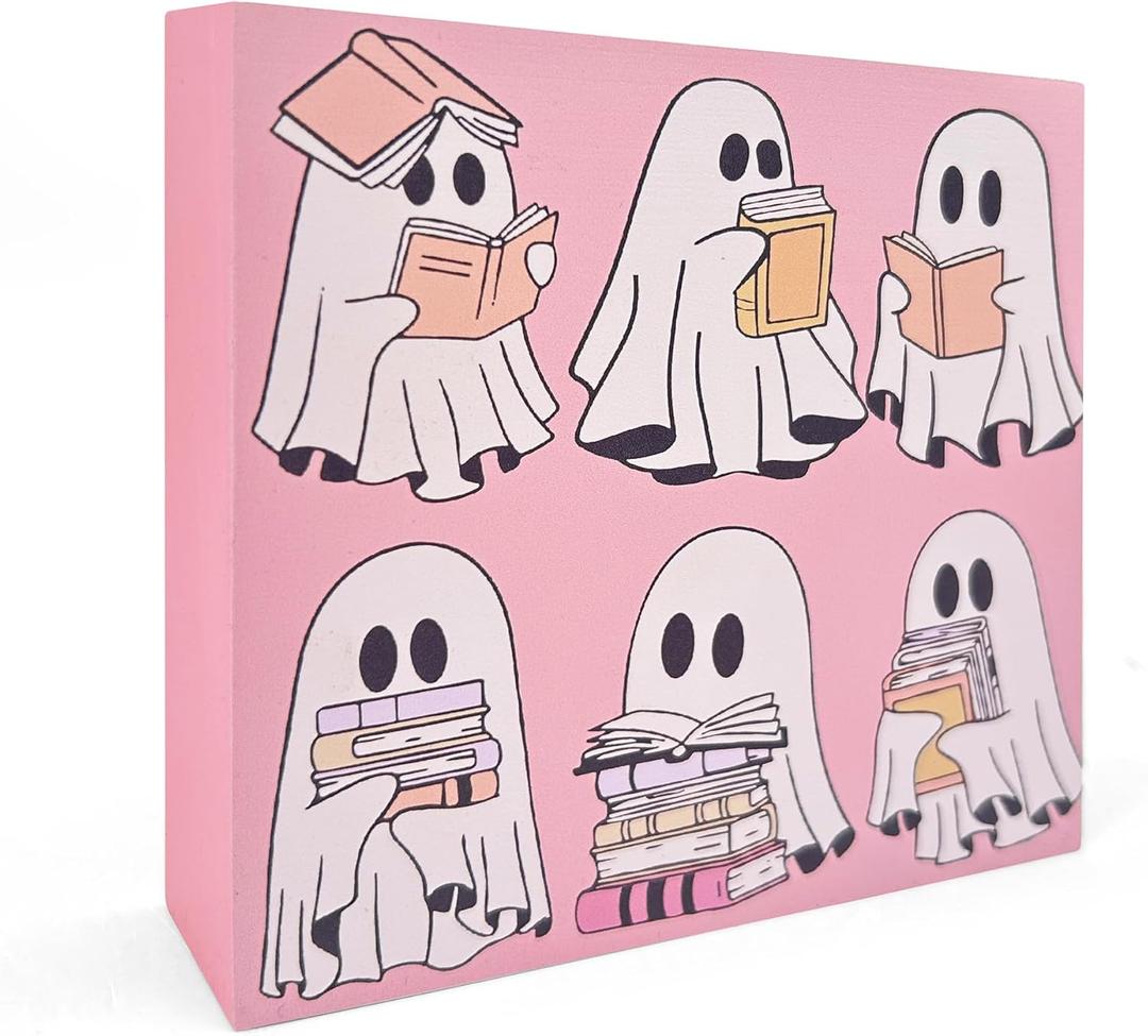 Autumn Indoor Home Room Cute Ghost Table Wood Box Sign, Desk Decor Farmhouse Coffee Bar Office Home Bedroom Living Room Rustic Wooden Block Sign for Bookshelf Tabletop Wall Door, 5x5 Inches(mh02)