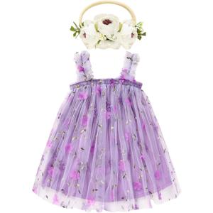 GRNSHTS Toddler Baby Girl Tutu Dress Sleeveless Floral Print Tulle Dress Little Girl Princess Dresses with Flower Headband (3-6 Months, Purple)