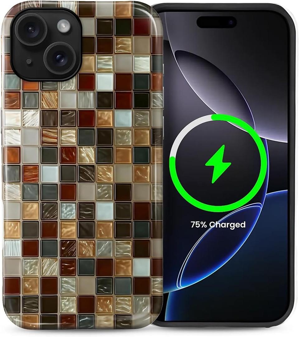 Magnetic Case for iPhone 15 Case,Compatible with MagSafe Mosaic Tile Elegant Colorful Design Hybrid Dual Protection Silicone + Hard PC Shockproof Full Body Cover Case for Men Women