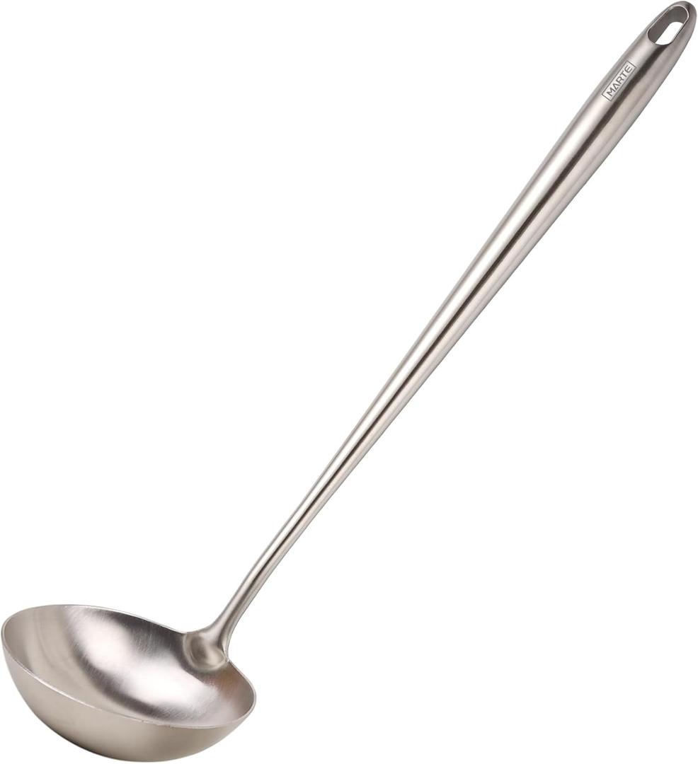 MARTE 16 Soup Ladle, 304 Stainless Steel Deep Ladle Spoon, [Rustproof, Integral Forming, Heat-Resistant] Metal Cooking Spoon,High-Grade Kitchen Tool for Service-Ergonomic Long Handle-Dishwasher Safe