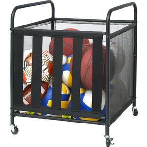 Outdoor Toy Storage Ball Storage Rack, Sports Ball Storage Cart with Wheels and Handles, Metal Sport Equipment Organizer Rack with Elastic Straps for Garage, Gym or Playground, Black