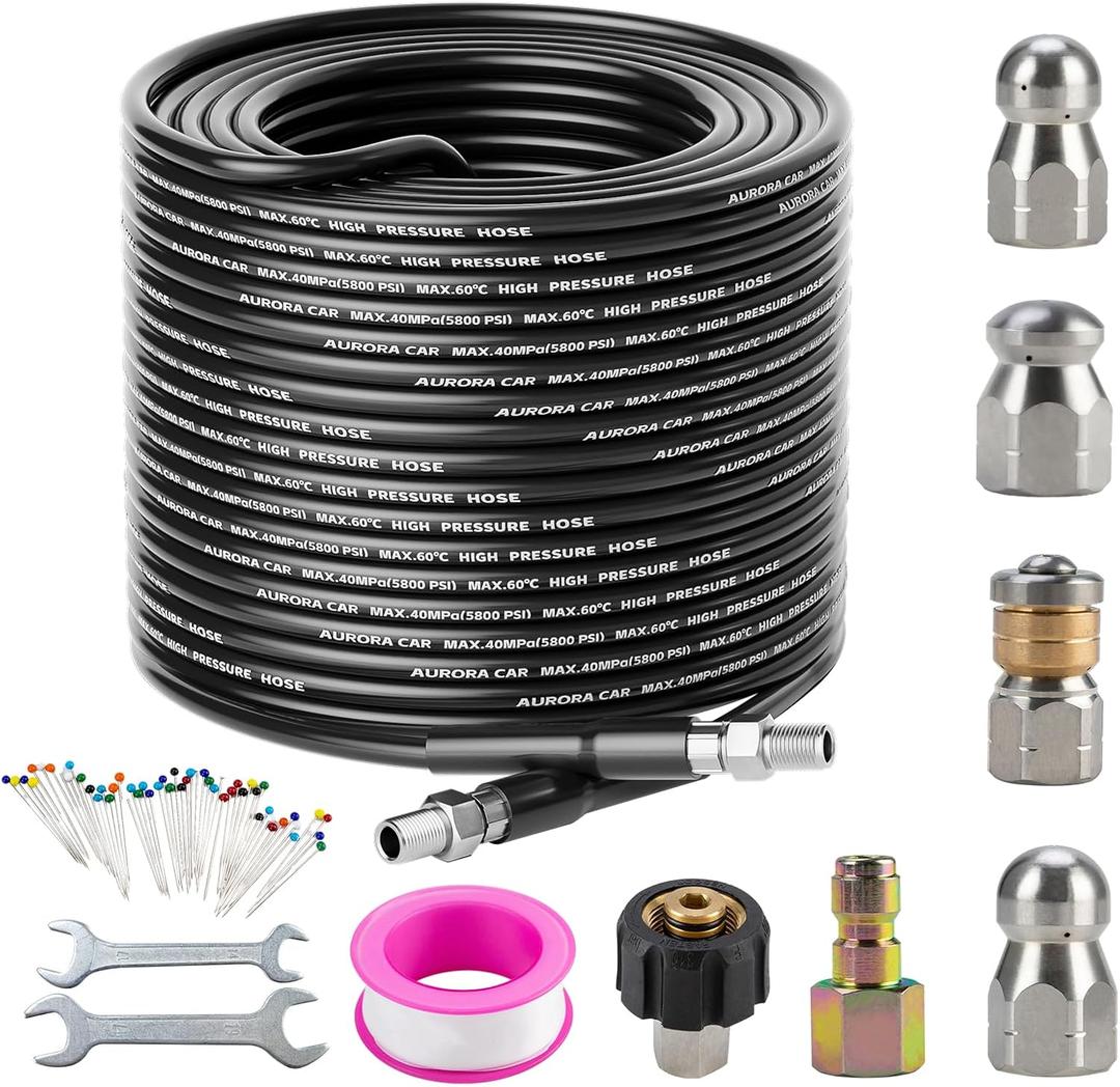 Sewer Jetter Kit for Pressure Washer 100FTDrain Cleaner Hose 1/4 Inch NPT Corner, Rotating and Button Nose Sewer Jetting Nozzle Kit Waterproof Tape Pearl Corsage Pin and Spanners5800PSI