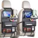 Luxury Leather Back Seat Organizer with Tray,Premium Command Center for Family Road Trips, Foldable Laptop & Tablet Tray, Dedicated Pocket Fits 120Count Tissue Box,Cup Strap for 3040oz Tumblers