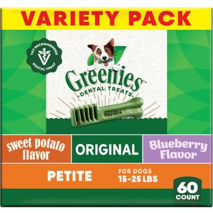 Greenies Veterinarian-Recommended Adult Natural Dental Dog Treats Petite Size, Fresh Flavor, Original Flavor, and Blueberry Flavor, (3) 12 oz. Packs, 60 Count, Best By: 10/2025