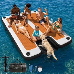 AWEMUFA 10ft x 6ft Inflatable Floating Dock with Ramp, Floating Platform Island Mat Boat Float, Large Rafts Floaties for Adult Pool Ocean Beach Lake Boat Parties