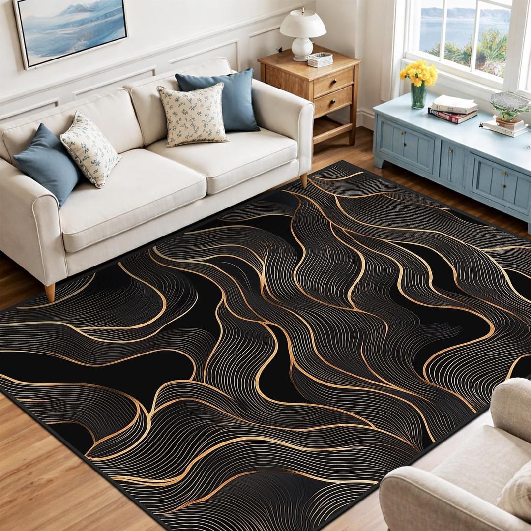 8x10 Area Rug Black Gold Modern Rug for Living Room Indoor Machine Washable Abstract Rugs for Bedroom Ultra Soft Dining Room Large Carpet Non-Slip Non-Shedding Throw Rug for Home Office