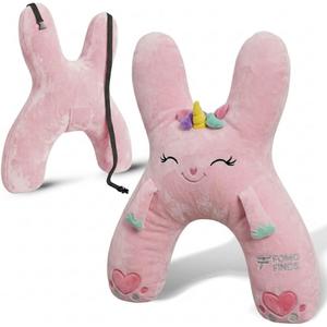Kids Car Sleeping Pillow, H-Shaped for Neck & Back Support, Pink Unicorn | Hands & Seat Belt Slot, Machine Washable & Compressible, Perfect for Car, Plane, Train, Boat & More