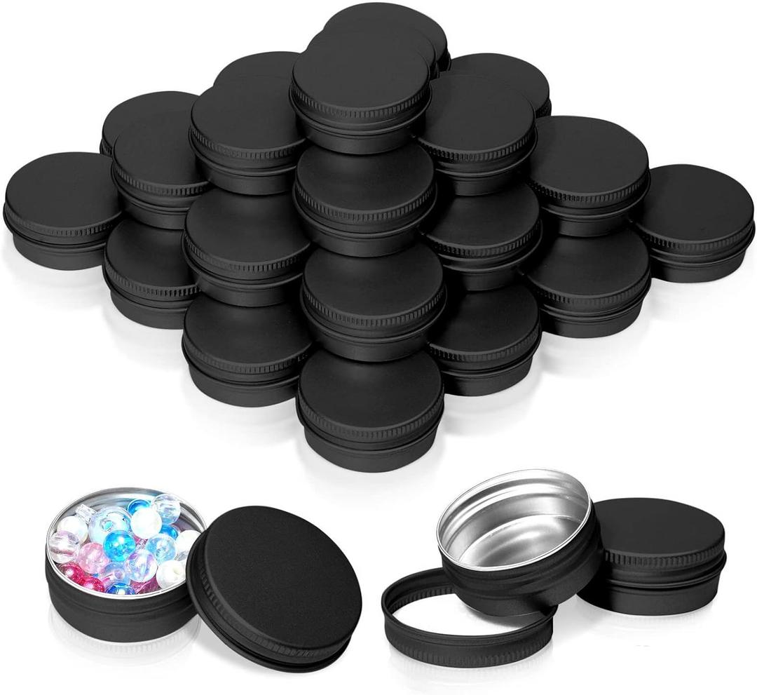 30 Pack 1 Ounce Aluminum Tin Cans, 30 ml Aluminum Screw Lid Round Tin Container Bottle, for Lip Balm, Eye Shadow, Creams, Black.