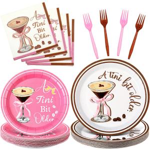 Crtiin 120 Pcs A Tini Bit Older Party Supplies Espresso Martini Disposable Paper Plates Napkins Forks Bachelorette Pink Bow Tableware Martini Birthday Party Dinnerware for Bar Wedding Decors