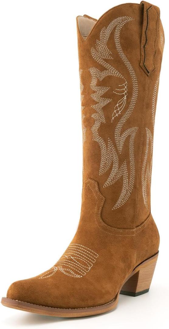 KaroNairy Women Cowboy Boots Faux Suede Embroidered Pointed Thick Heeled Western Wide Calf Cowgirl Ponited Toe Mid Calf Boots (8.5, Brown)