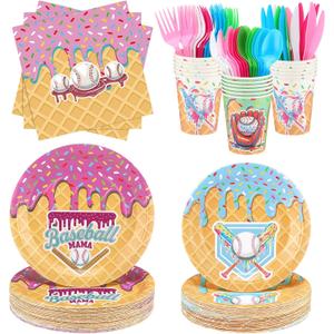 FoldTier 350 Pcs Baseball Ice Cream Dripping Birthday Party Decorations Set Ice Cream Paper Plates Napkins Fork Set Disposable Fairy Tableware Decorations Supplies for Baby Shower Dinner Serves 50