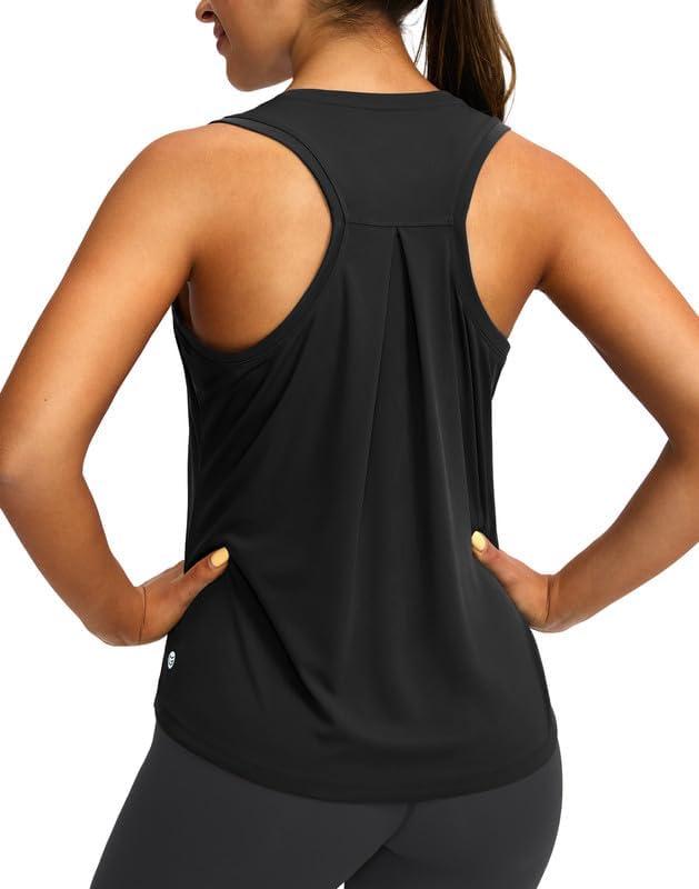 Women's Workout Tank Tops - Mesh Back Sleeveless Shirts, 4-Way Stretch Loose Fit Athletic Tops for Gym Yoga Running, Medium, Black