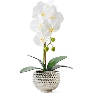 Fake Flowers with Vase, Large Orchids Artificial Flowers in Silver Pot Fake Orchid Fake Plant in Pots Artificial Flowers for Home Decor Indoor Table Centerpiece Bathroom Decoration