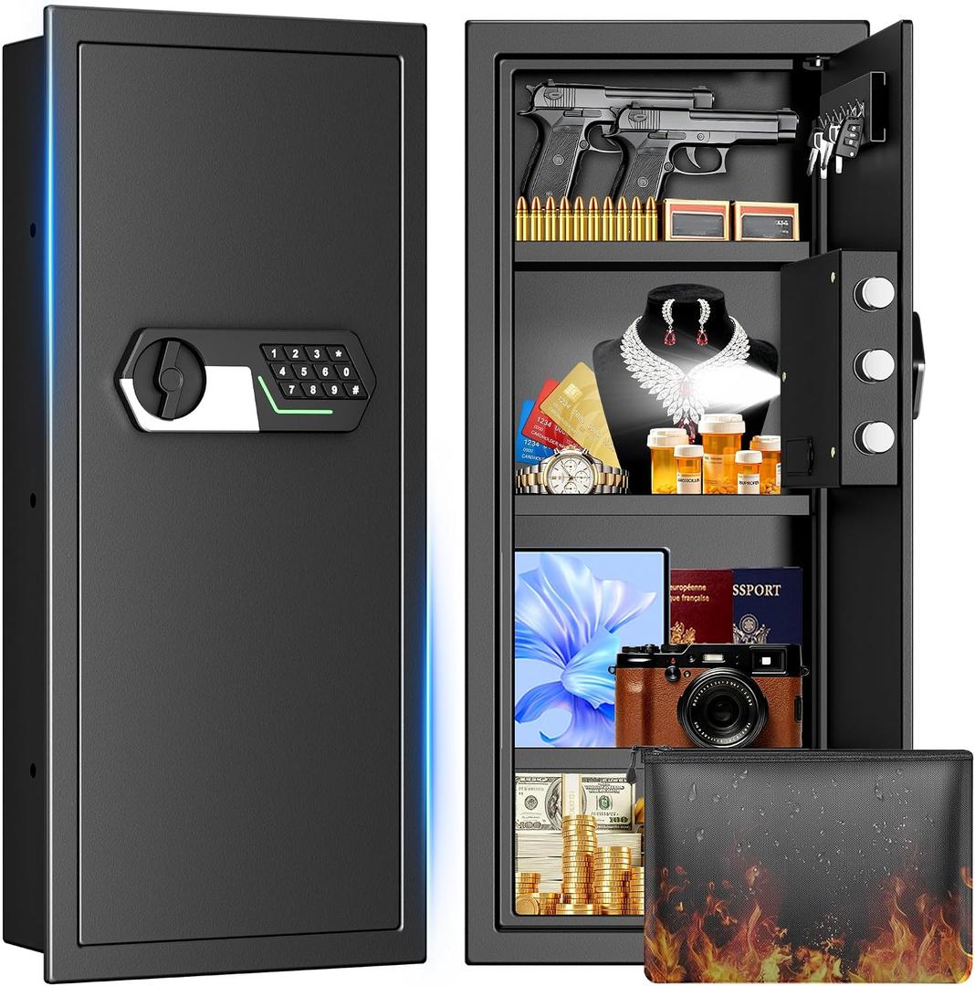 33.46'' Tall Fireproof Wall Safes Between the Studs, Fire Security In Wall Safe with Digital Keypad, Removable Shelves and Fireproof Bag, Anti-Theft Hidden Wall Safe for Home, Cash, Documents