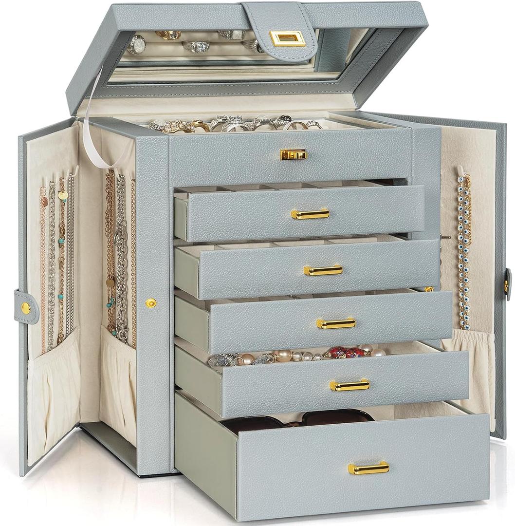 AKOZLIN Extra Large 6-Tier Jewelry Box Organizer Functional Huge, 5 Drawers Leather Jewelry Storage Case for Women Girls Ring Necklace Earring Bracelet Holder Organizer with Mirror Grey