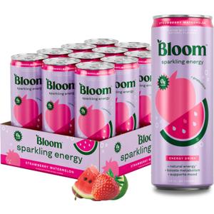 Bloom Nutrition Sparkling Energy Drink - Natural Caffeine, Zero Sugar, 180mg Caffeine - Antioxidant-Rich with Green Coffee Bean, Green Tea Extract, Prebiotics - Strawberry Watermelon - 12oz 12 Pack (EXP 05/31/27)