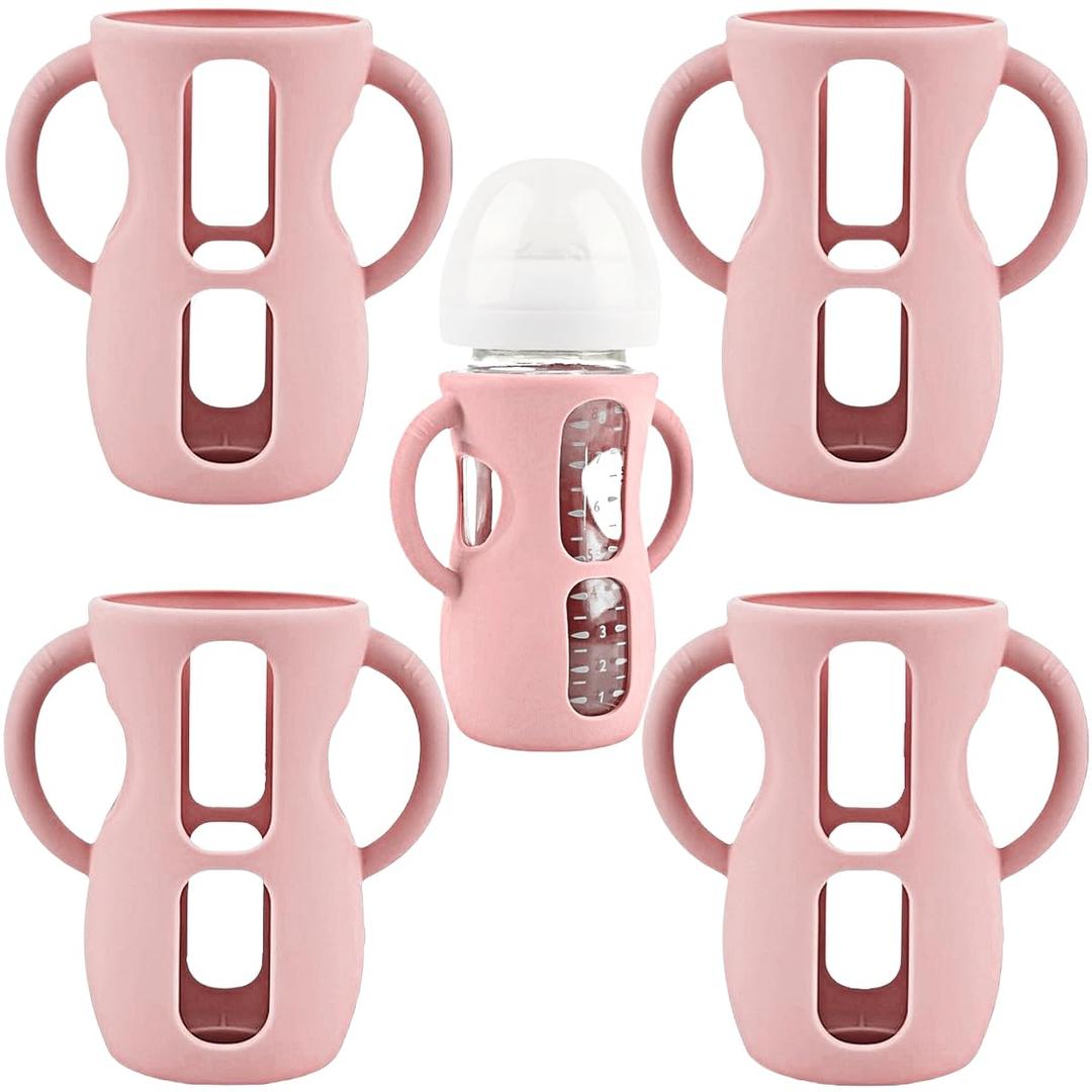 4 Pack Silicone Sleeves for Avent Natural Glass Baby Bottles, Silicone and Easy-Grip Handles for Drop Protection, Compatible with Philips Avent 4/8 OZ Glass Bottle (Cute Pink, 8 OZ)