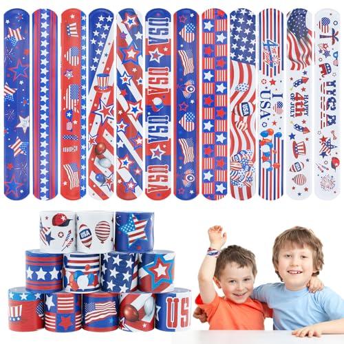 4th of July Party Favors Slap Bracelets for Kids 32PCS Red White and Blue American Flag Patriotic Snap Bracelet Bulk Independence Day Party Supplies Fourth of July Kids Toys Gifts Classroom Prizes