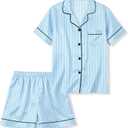 Kids Satin Pajamas Set, 2 Pieces Silky Pjs Short Sleeve & Pants Sleepwear Loungewear Button Down Pjs Set for Boys and Girls Blue Striped