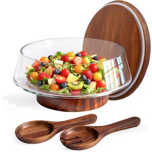 Extra Large Glass Salad Bowl with Lid Set, 5-Qt (160 fl oz) Mixing/Serving Bowl with Wood Base & Salad Servers, Trifle Bowl for Kitchen, Parties & Christmas