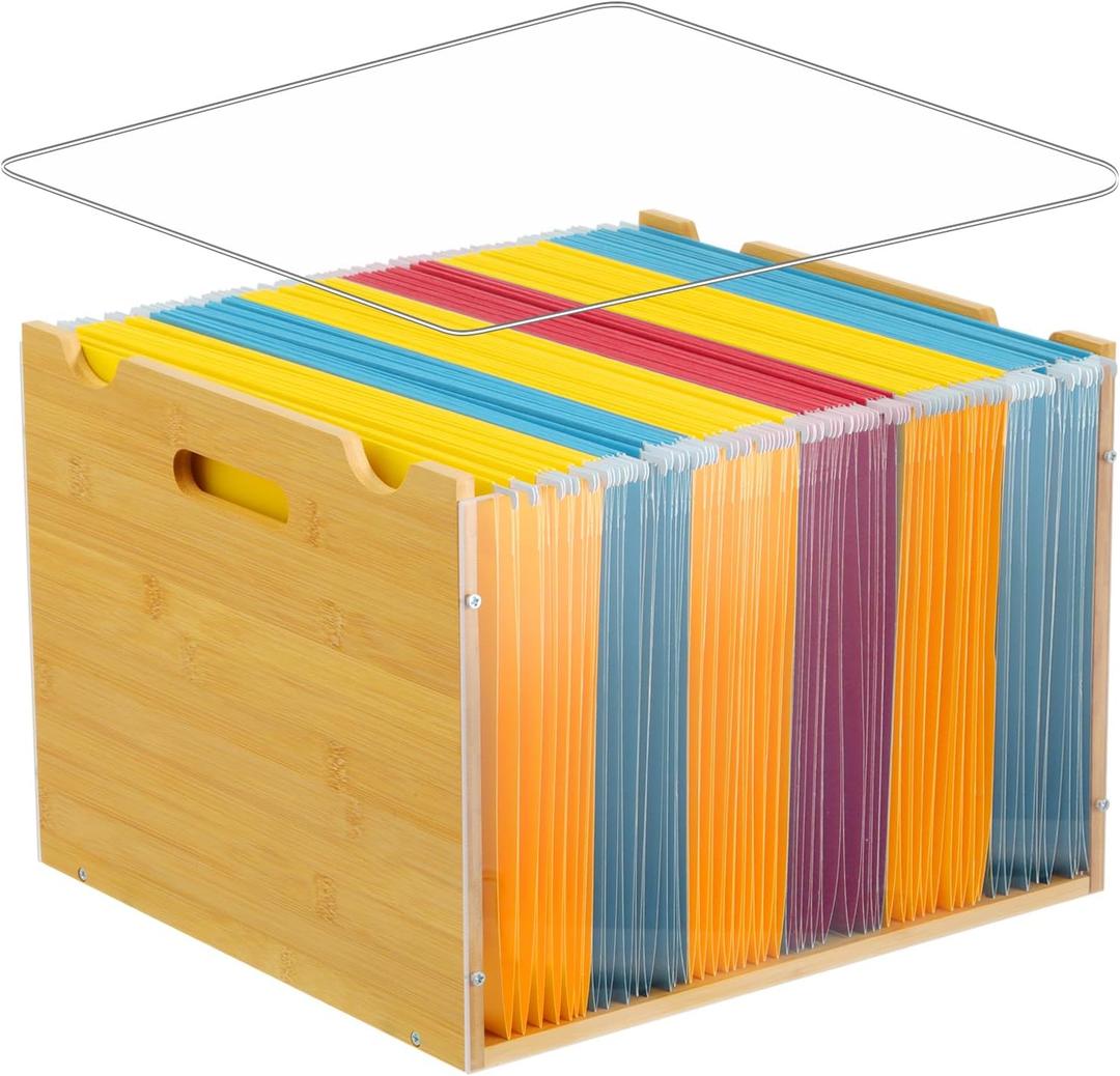 Bamboo File Organizer Box with Lid, Hanging File Storage Box with Handle suitable for Home Office Desk Banker Document Letter Size