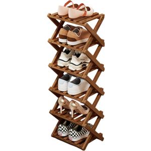 Comeon Bamboo Shoe Rack, Foldable Vertical Shoe Rack for Front Door Entrance Narrow Shoe Organizer Small Shoe Shelf for Entryway Shoe Storage Closet Multi-Tier (Brown Colors,6 Layers)