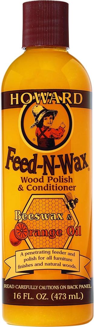 Howard Products Beeswax Wood Polish & Conditioner, Feed-N-Wax, Beeswax Furniture Polish For Wood, 16 Oz, Orange