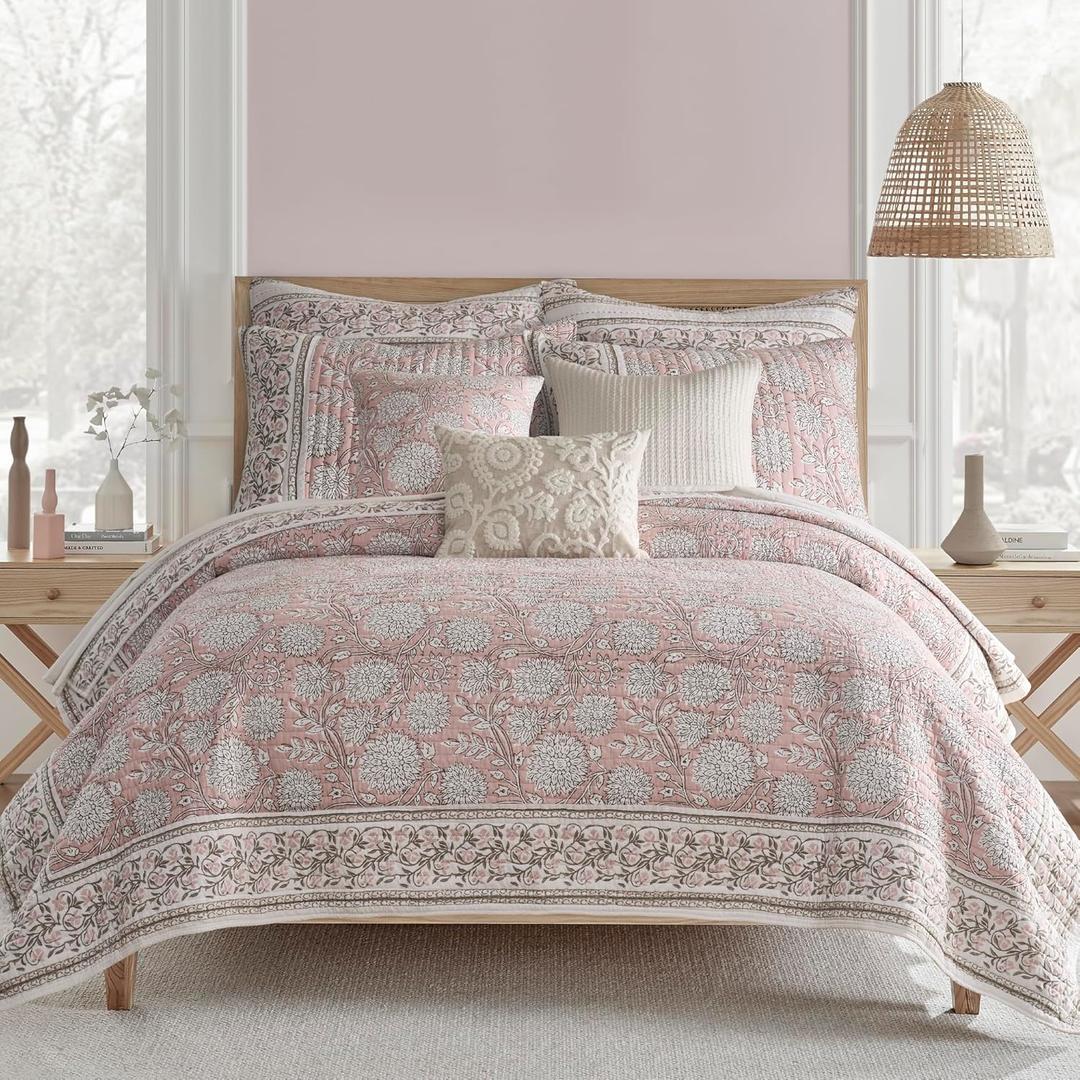 Levtex Home Adare Blush Reversible King/Cal King Quilt Set (106x92in) with 2 Pillow Shams (36x20in) - Floral Bedding - Blush White - Cotton King Size Quilt Bedding Set - Lightweight, Soft