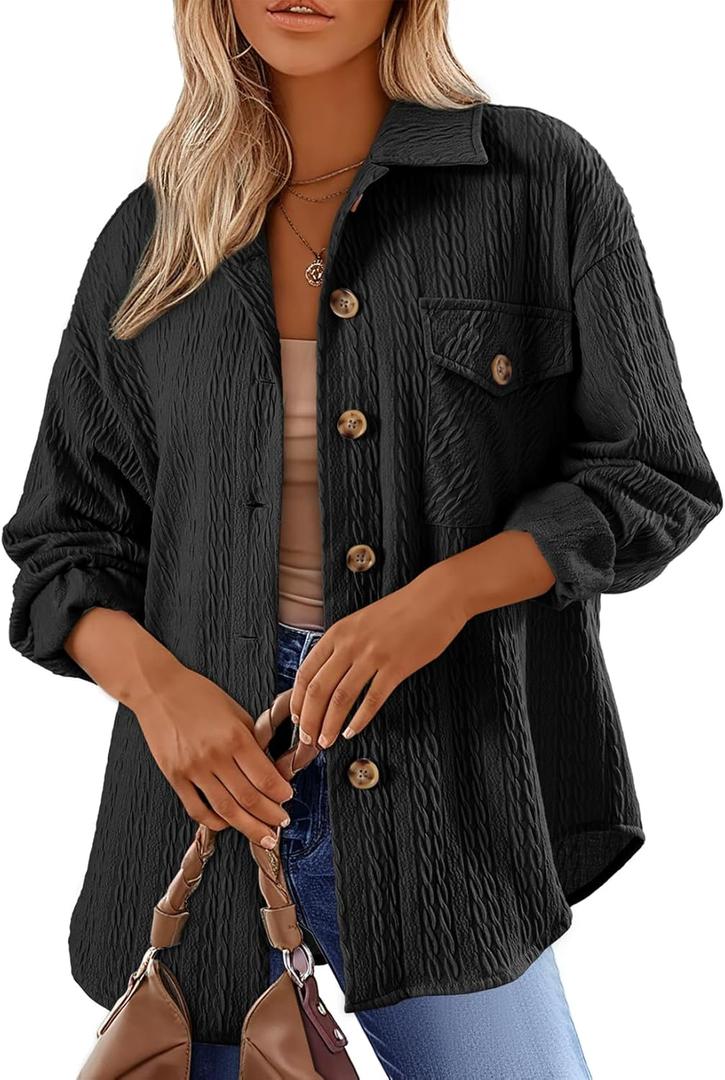 Dokotoo Womens Cable Knit Lightweight Shacket Button Down Shirts Long Sleeve Casual Oversized Blouses Tops (Small, Black)