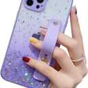 iduater Strap Case for 6.7" iPhone 14 Pro Max with Wristband Kickstand, Bling Glitter Sparkle Clear Cover Soft TPU Bumper Adjustable Hand Grip Loop for iPhone 14 Pro Max 6.7 Inch, Lavender Purple