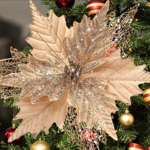 10'' Large Christmas Glitter Poinsettia Flowers Decorations, stadeco 10 Pcs Christmas Tree Picks Ornaments Artificial Flowers with Long Stems for Xmas Tree Wreath Garland Party DIY Holiday Decor (Champagne)