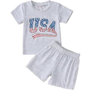 Toddler Baby 4th of July Outfit Boy Girl Oversized Romper USA Shirts Shorts Set American Flag Matching Clothes (Grey, 12-18M)