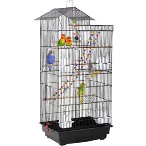 FDW 39 Inch Bird Cage Parakeet Cage with Play Top Rolling Stand & Easy Clean Pull-Out Tray Roof Top Parrot Cage for for Finches Canaries Parakeets Cockatiels & Other Small Birds, Black