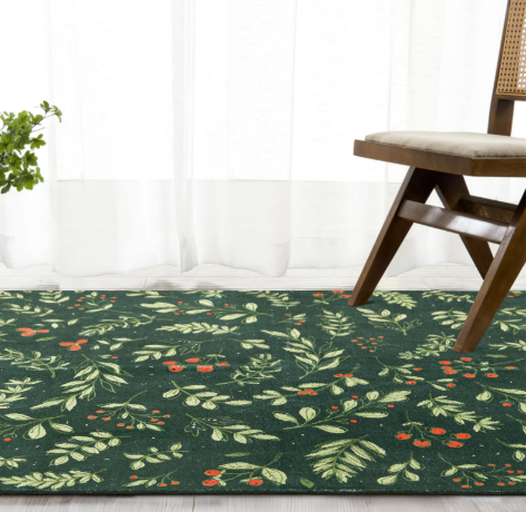 Washable Vintage Floral Christmas 4x6 Area Rugs Non Slip - Low Pile Soft Xmas Tree Red Berries Holly Branches Festive Winter Kitchen Rug 24x36 Inch