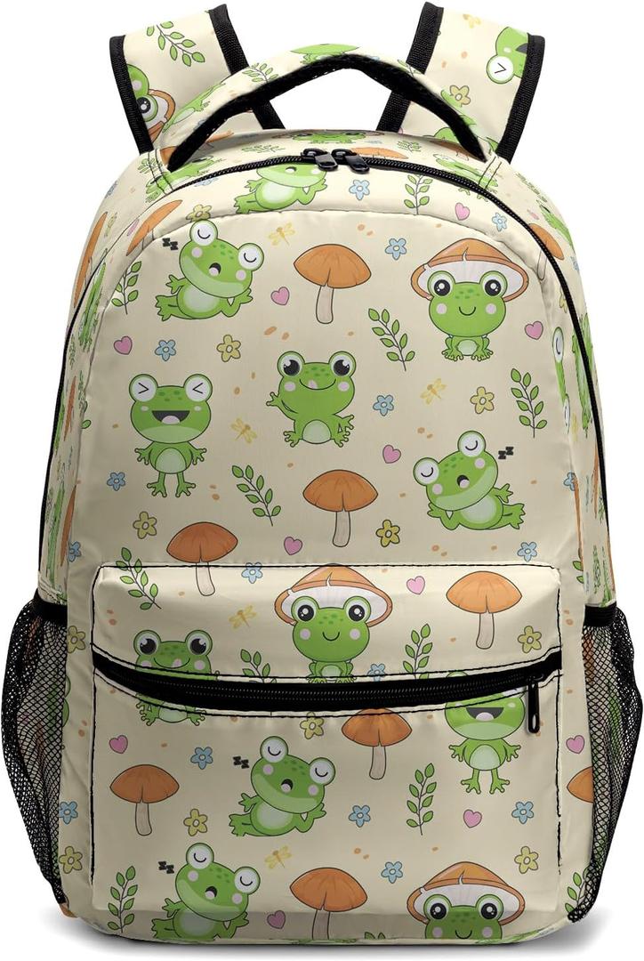 Cute Frog Mushroom Backpack for Boys Girls Kawaii Animal Froggy Print Kids Bookbag Preschool Elementary Kindergarten School Bag Students Knapsack with Chest Strap