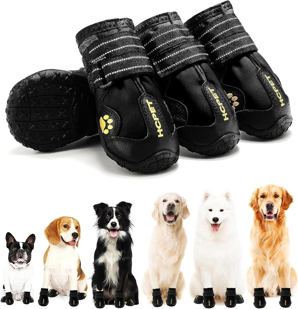 Hcpet Dog Boots, Dog Shoes for Large Dogs, Medium Dog Boots & Paw Protectors, Anti-Slip Dog Booties for Hot Pavement Winter Snow Hiking with Reflective Straps Black Size 4 (Width 2.16 in)