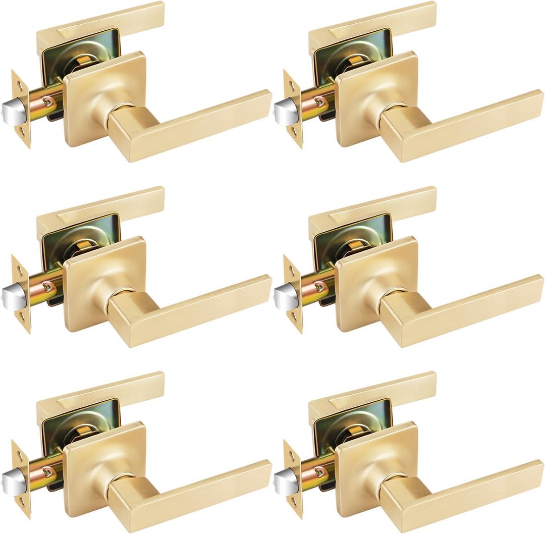 EHOMEWARE 6 Pack Brushed Brass Door Handles Gold Interior Door Knobs, Keyless Passage Door Levers for Hallway or Closet, Reversible Handing
