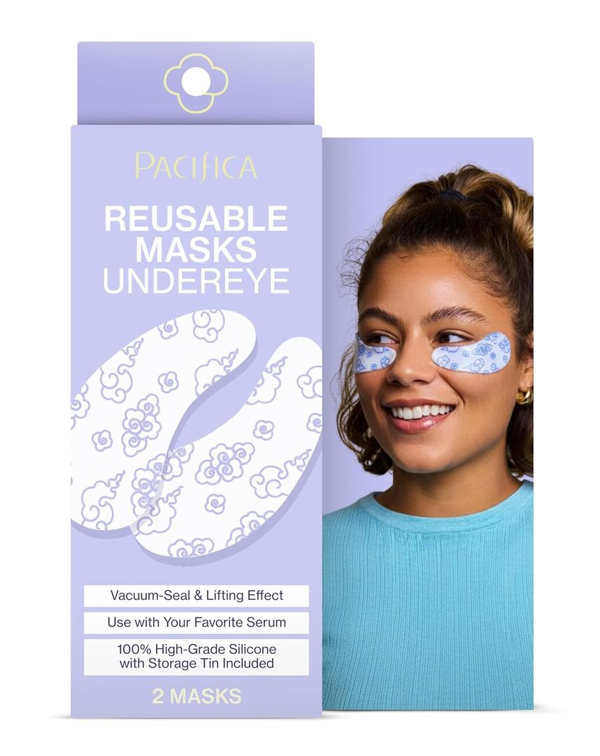 Pacifica Reusable Mask Under Eye Mask Silicone Face Mask for Fine Lines & Dark Circles, Pair with Serum, Storage Tin Included, Vegan & Cruelty-Free, 2 Pieces