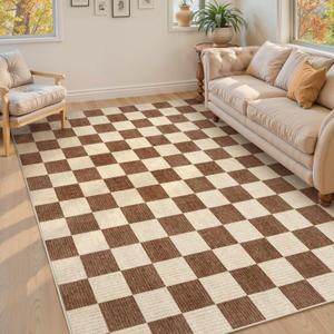 LIVEBOX Machine Washable Area Rug 6x9 Checkered, Non Slip Soft Large Bedroom Living Room Rug Farmhouse Neutral Classic Geometric Boys Rug, Indoor Carpet for Den Dorm Playroom(Brown, 6'x9')