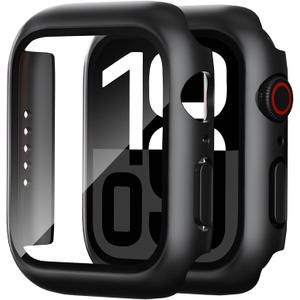 2 Pack Case for Apple Watch Screen Protector, Hard PC Case with Tempered Glass Protective Cover Guard Bumper, Slim Apple Watch Cover for iWatch Series 9 8 7 - Black/Black 45mm