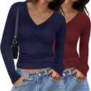 Women 2 Pack Long Sleeve Shirts V Neck T Shirts Casual Thermal Tops Slim Fit Basic Tight Tees Going Out Top, Maroon Navy Blue XL