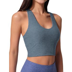 Womens Sleeveless Crop Tops Scoop Neck Racerback Sports Tank top Athletic Yoga Workout Tops Built in Shelf Bras Padded, Grey, Medium