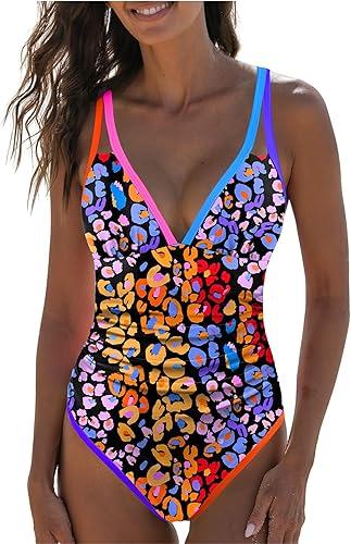 popvil Women's One Piece 2025 Tummy Control Swimsuits Neon Color Block Swimwear Deep V Neck Slimming Bathing Suit (X-Large, Neon Leopard Print)