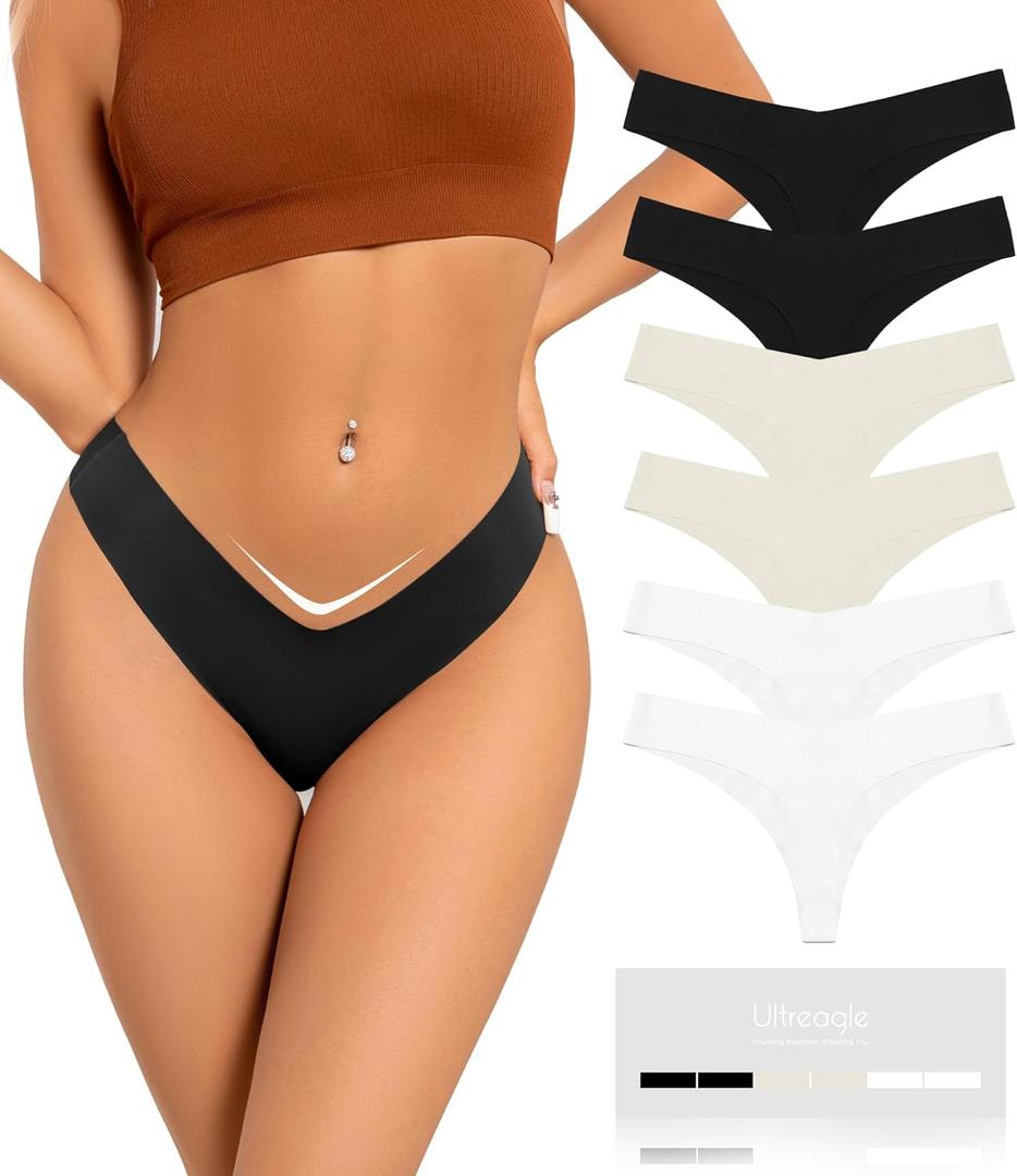 Seamless Thongs for Women V-Shaped No Show Panties Soft Comfortable Breathable Workout Underwear Multiple Pack (L)