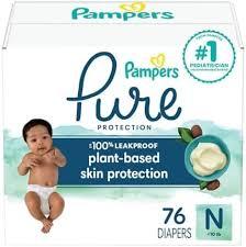 Pampers Pure Protection Baby Diapers, Size 0 (>10 lbs), 76 Count, Up to 100% Leakproof, Premium Plant-Based Skin Protection, Hypoallergenic Soft Diapers (Newborn)