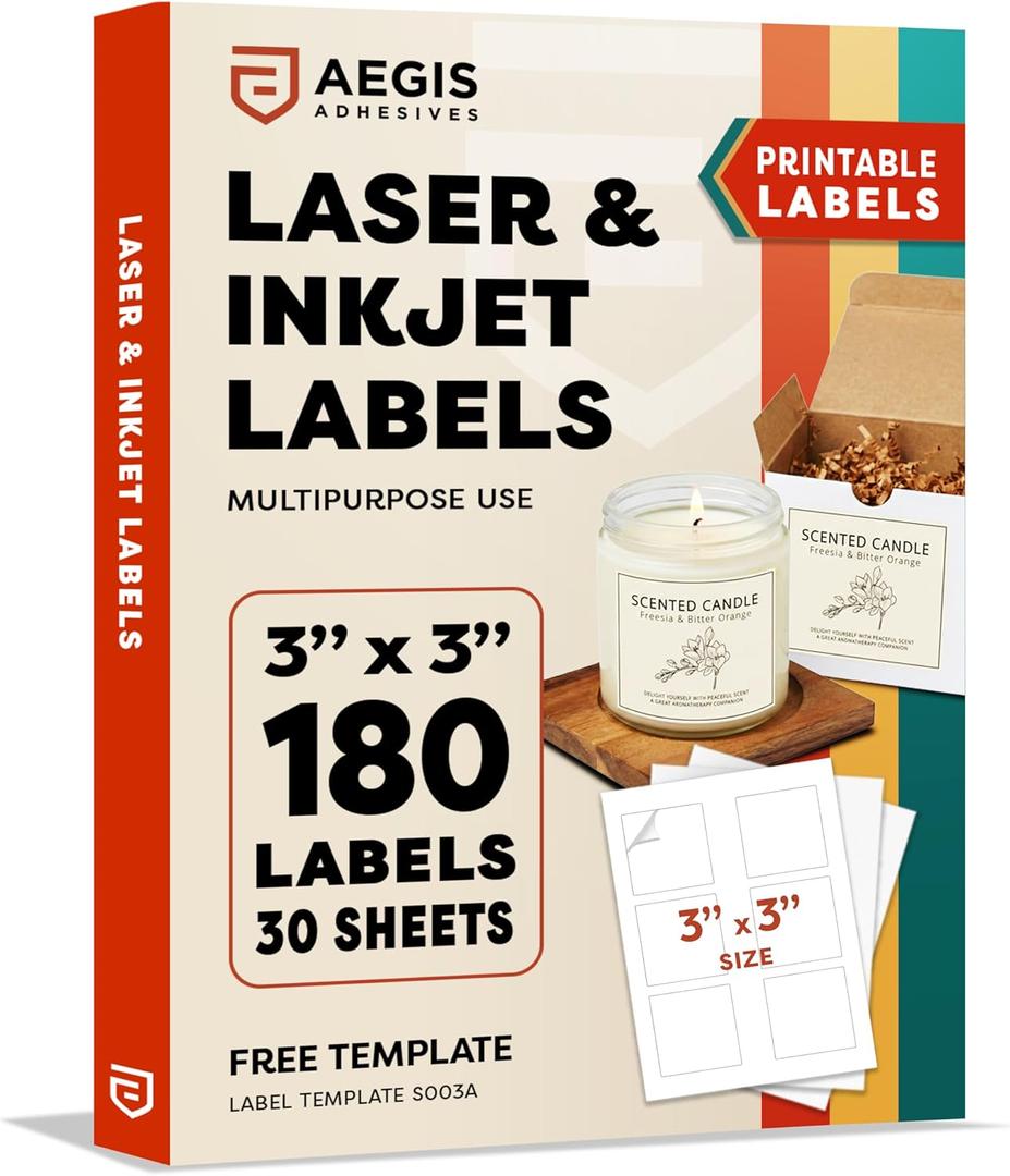 3" X 3" Square Printable Labels for Inkjet and Laser Printers - 30 Sheets, 180 Matte White Custom Stickers for Business Logos, QR Code Stickers, Product Labeling - Aegis Adhesives Template S003A